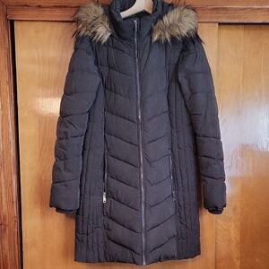 Tommy Hilfiger Charcoal Gray Puffer Coat with Faux Fur Hood